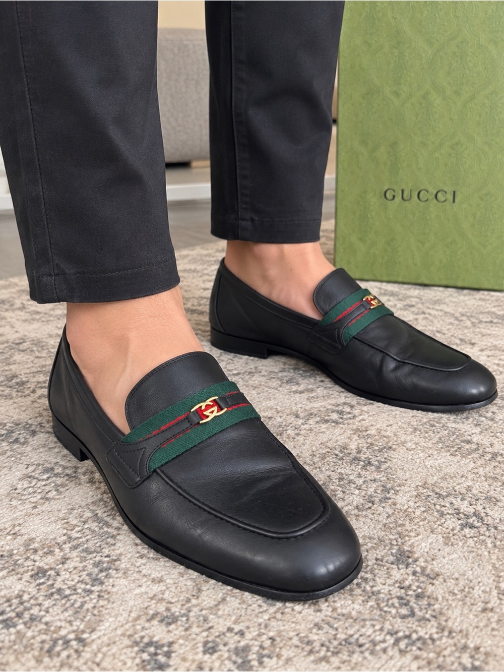 Gucci Black Leather Loafers with Green-Red Web and Gold Hardware